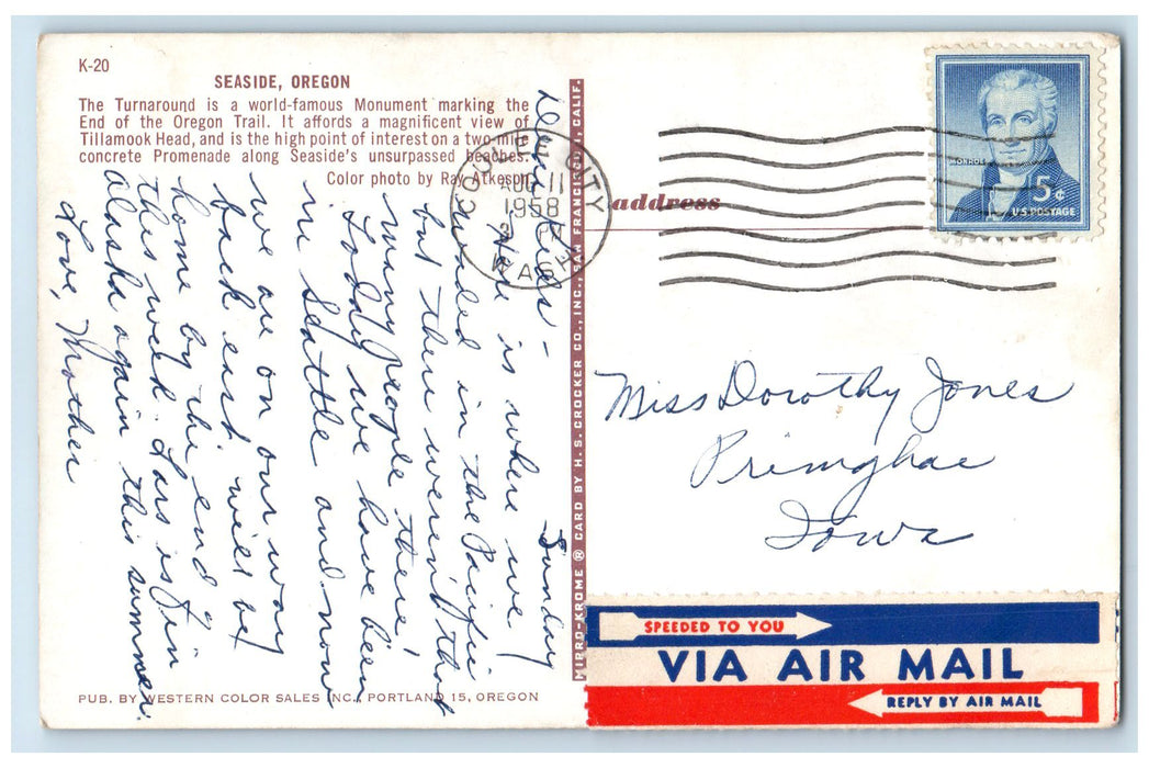 1958 The Turnaround World-Famous Monument Seaside Oregon OR Posted Flag Postcard