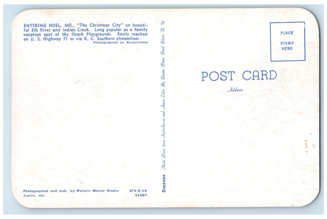 c1960's The Christmas City Elk River Indian Creek And Entering Noel MO Postcard