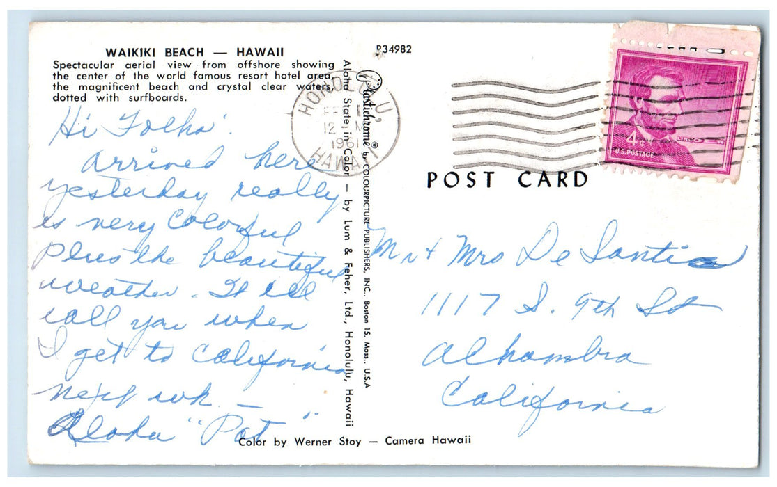 1961 Spectacular Aerial View Offshore Waikiki Beach Honolulu Hawaii HI Postcard