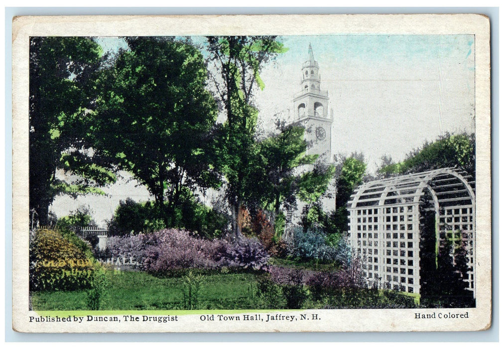 c1920's Old Town Hall Clock Tower Garden Jaffrey New Hampshire Unposted Postcard