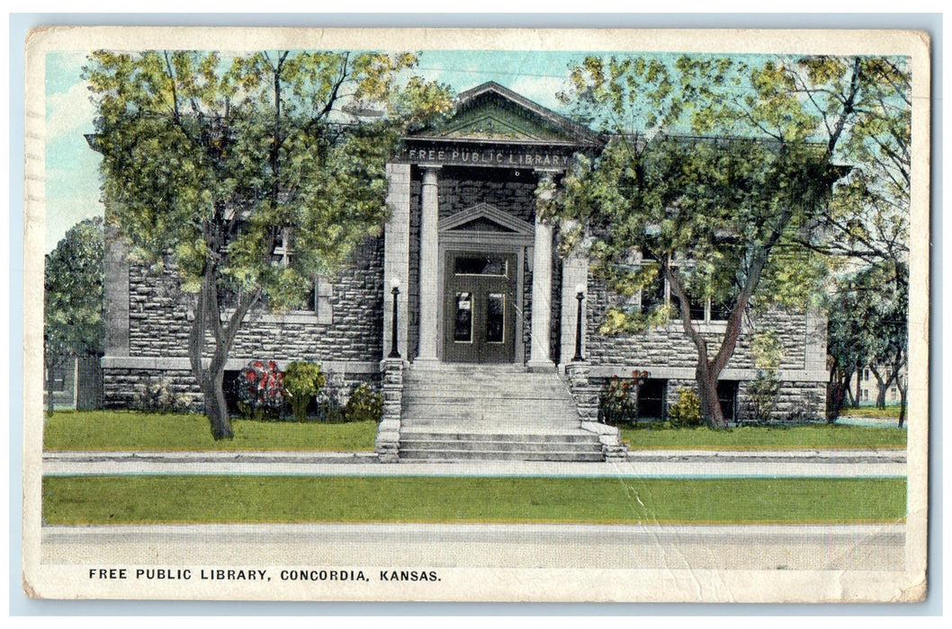 1931 Free Public Library Building Steps Entrance Concordia Kansas KS Postcard