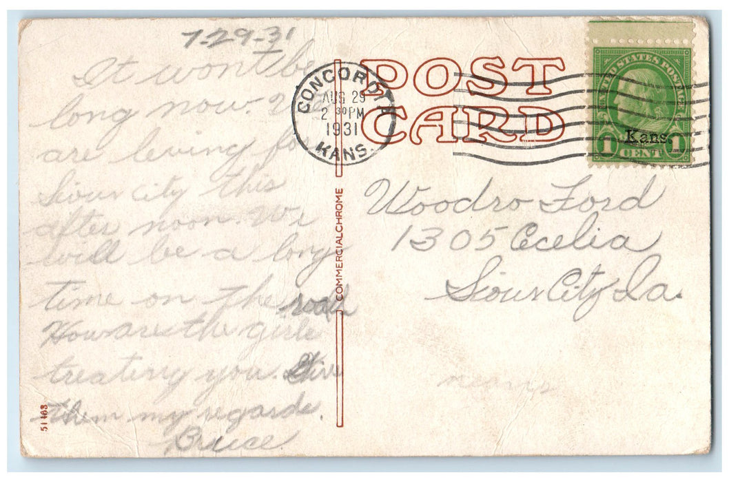 1931 Free Public Library Building Steps Entrance Concordia Kansas KS Postcard