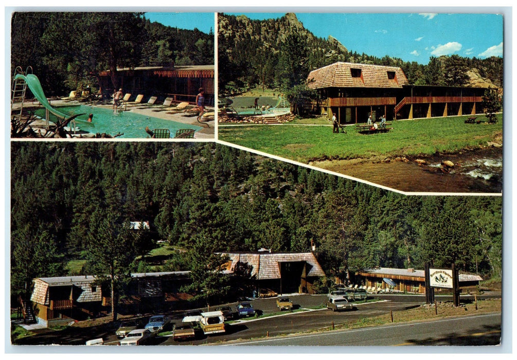 1974  Deer Crest Chalets Motel Swimming Pool Estes Park Colorado CO Car Postcard