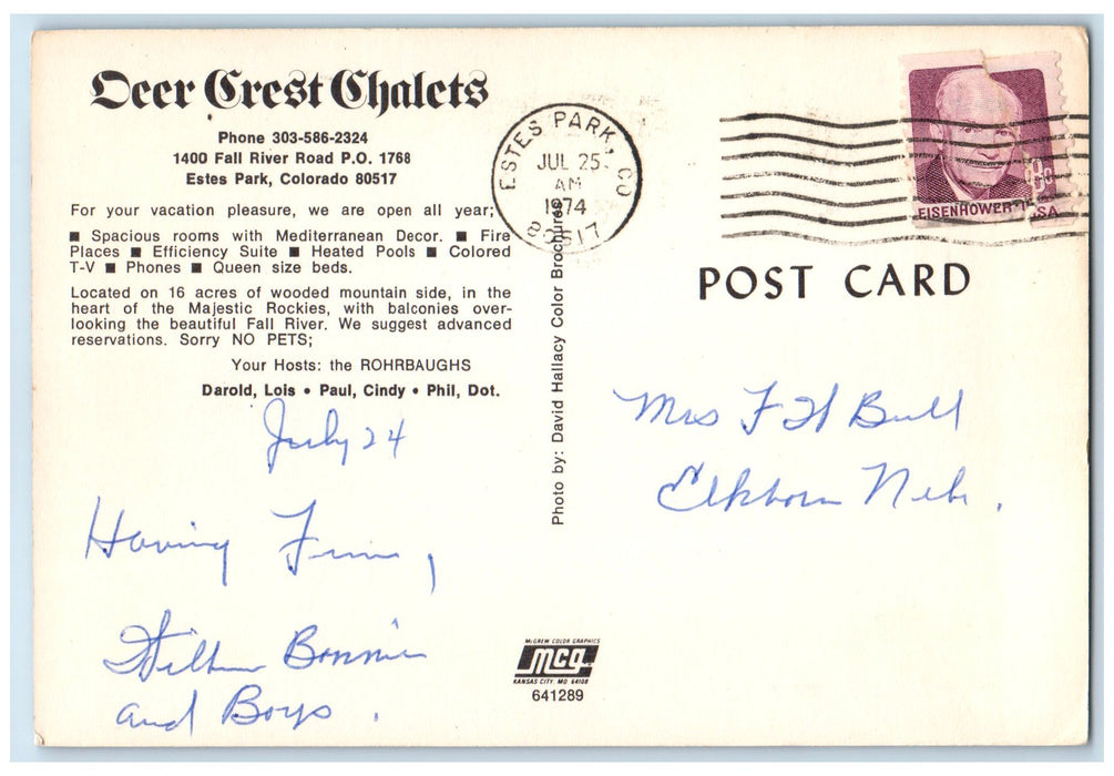 1974  Deer Crest Chalets Motel Swimming Pool Estes Park Colorado CO Car Postcard