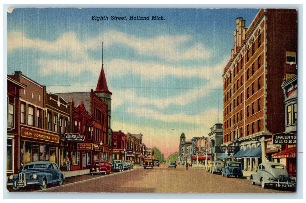 c1940's Eight Street Classic Cars Parked Downtown Holland Michigan MI Postcard