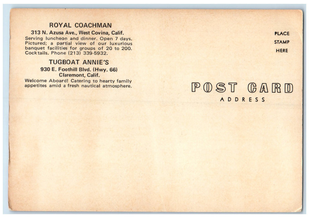 c1960s Royal Coachman And Tugboat Annie's Covina California CA Unposted Postcard