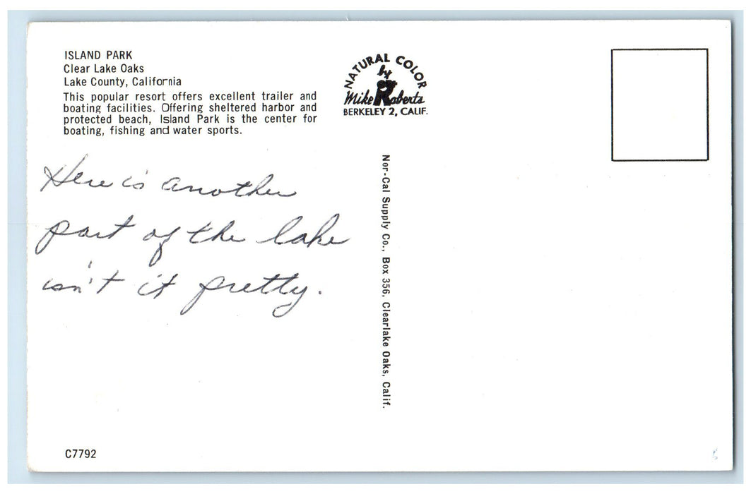 c1960's Island Park Clear Lake Oaks Lake County California CA Speedboat Postcard