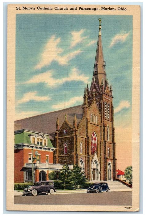 c1940 St. Mary's Catholic Church & Parsonage Classic Car Marion Ohio OH Postcard