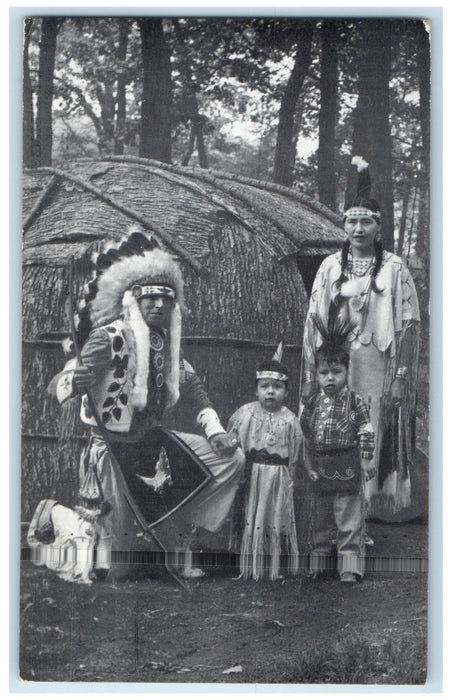 c1950 The Little Eagle Family Chief Wife & Children Dells Wisconsin WI Postcard