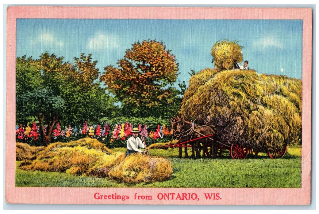 1961 Greetings From Ontario Wisconsin WI Posted Carriages And Farmers Postcard