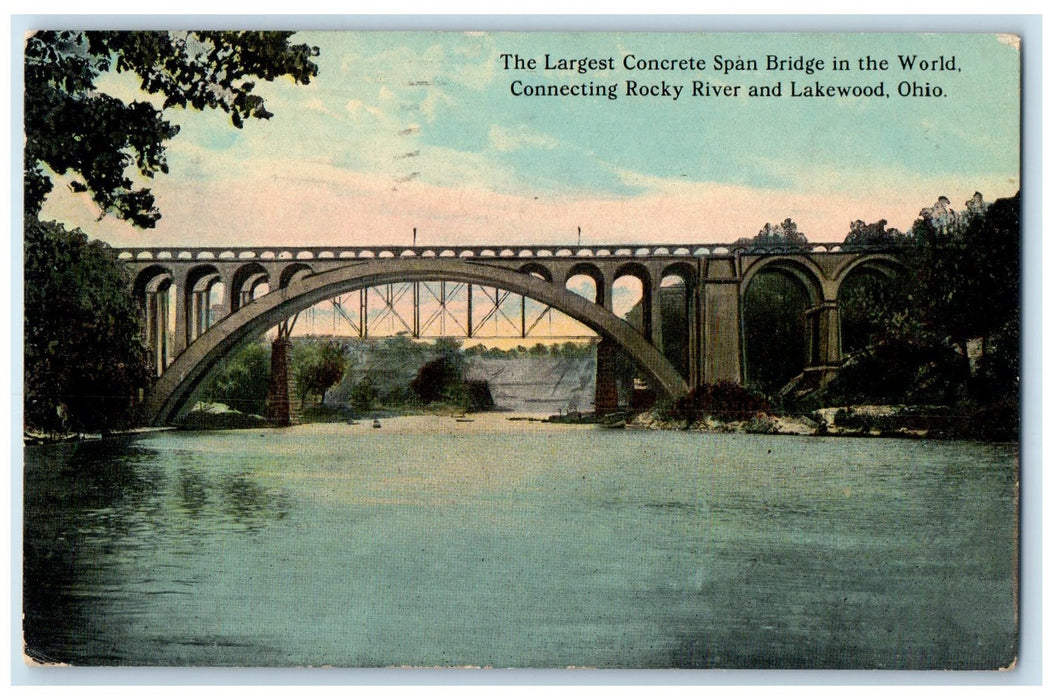 1912 Largest Concrete Span Bridge Rocky River & Lakewood Ohio OH Posted Postcard