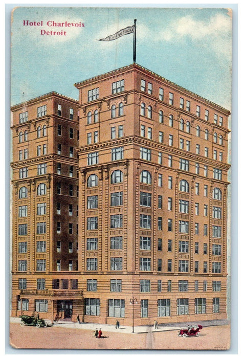 1912 Hotel Charlevoix Restaurant Building Classic Car Detroit MI Posted Postcard