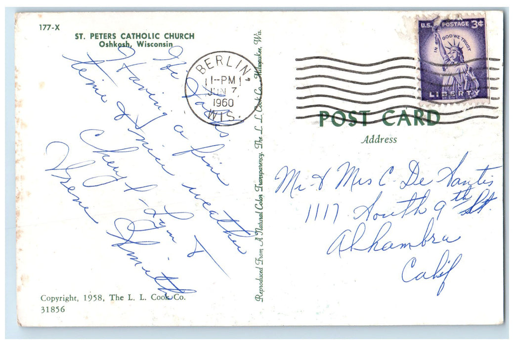 1960 St. Peters Catholic Church Exterior Roadside Oshkosh Wisconsin WI Postcard