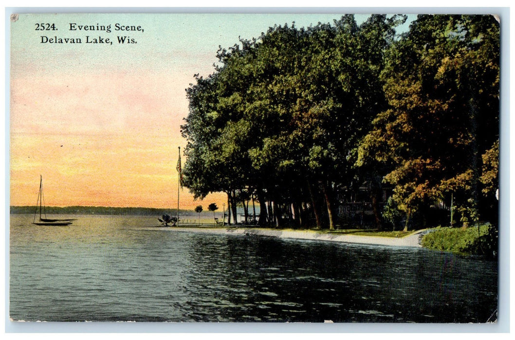 c1910's Evening Scene Boats Delavan Lake Wisconsin WI Posted Vintage Postcard