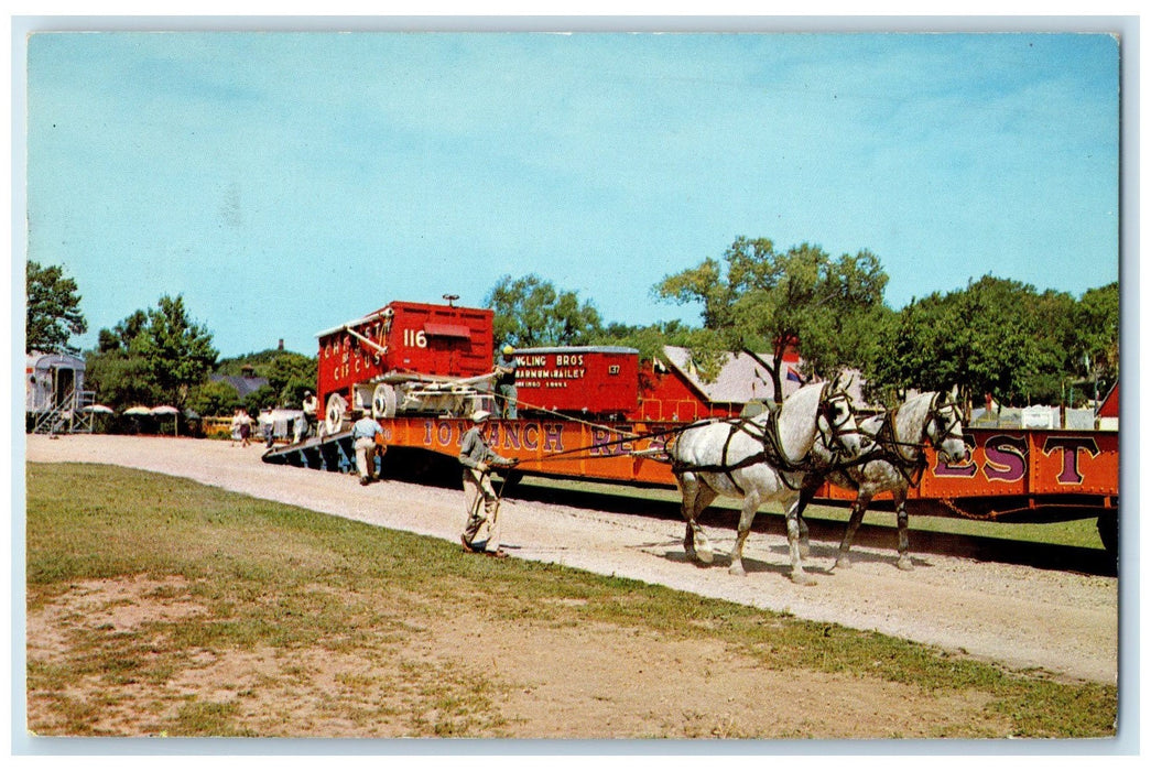 c1950 Circus World Museum Horses Pulling Container Baraboo Wisconsin WI Postcard