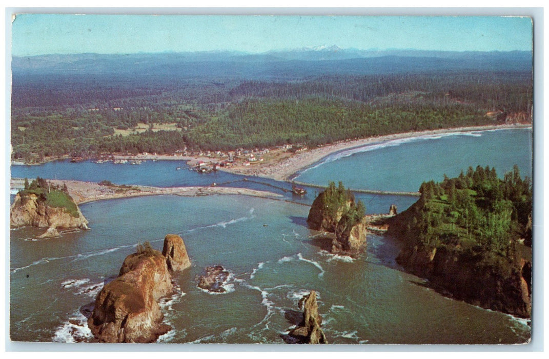 1963 Bird's Eye View Indian Fishing Village La Push Washington WA Trees Postcard