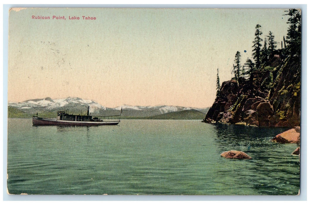 1909 Rubicon Point Boat Mountain Scene Lake Tahoe Nevada NV Posted Tree Postcard