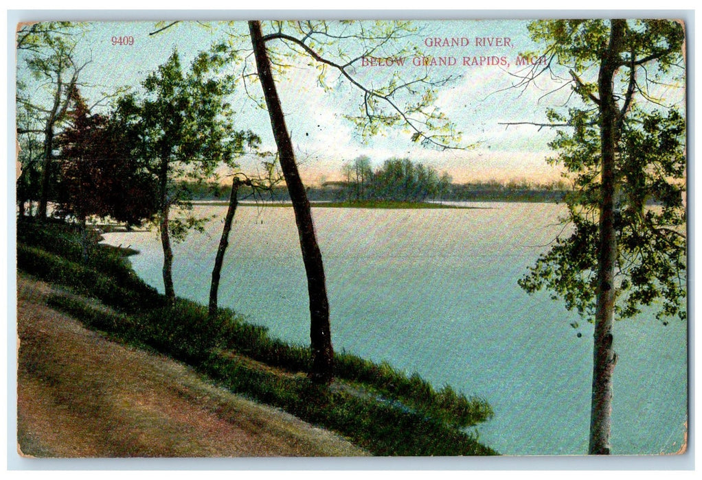 1909 Grand River Below Trees Scene Grand Rapids Michigan MI Posted Postcard