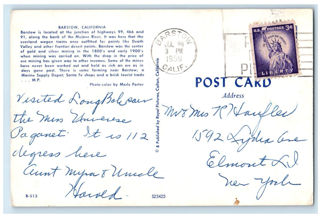 1959 El Rancho Restaurant Motor Hotel Roadside Barstow CA Posted Cars Postcard