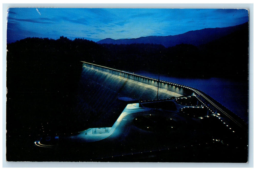 1959 Night View Of Fontana Dam & Observation Building North Carolina NC Postcard