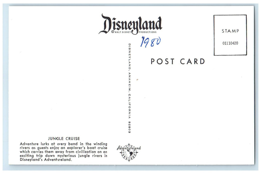 1980 Jungle Cruise Disneyland Adventureland Anaheim California CA Boat Postcard