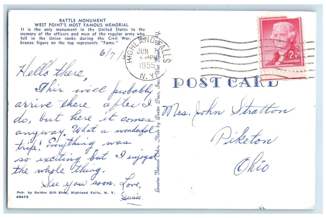 1955 Battle Monument West Point Most Famous Memorial Statue New York NY Postcard