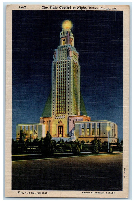 1952 The State Capitol At Night Building Tower Baton Rouge Louisiana LA Postcard