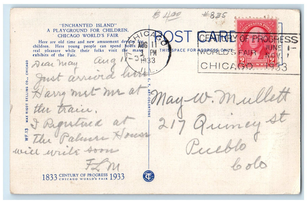 1933 Enchanted Island Chicago World's Fair Chicago Illinois IL Posted Postcard