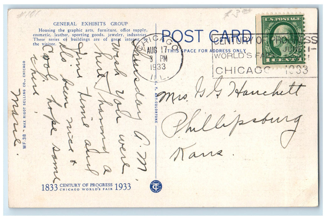1933 General Exhibits Group Chicago World's Fair Chicago Illinois IL Postcard
