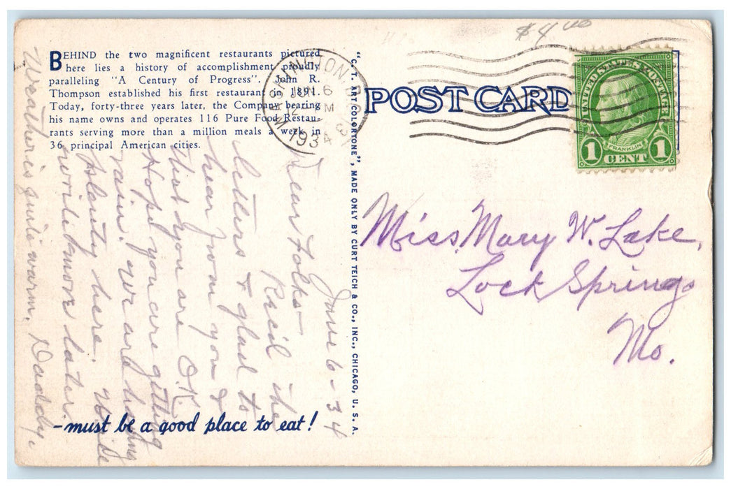 1934 Thompson Restaurants On The Avenue Of Flags Chicago Illinois IL Postcard