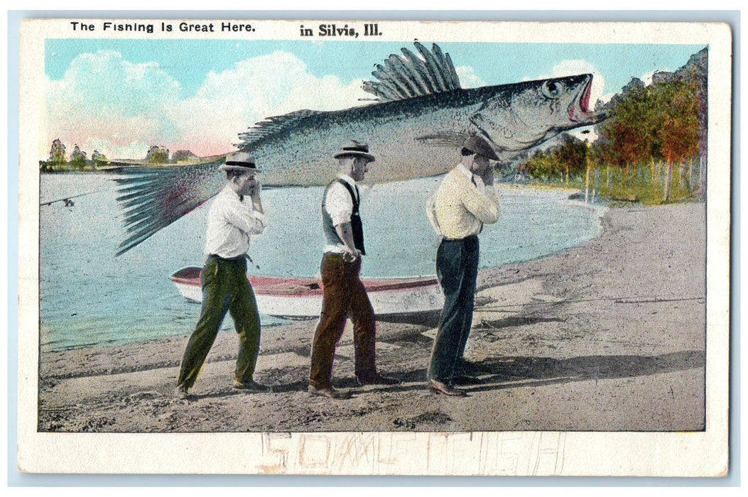 1928 The Fishing Is Great Here Exaggerated Big Fish Silvis Illinois IL Postcard