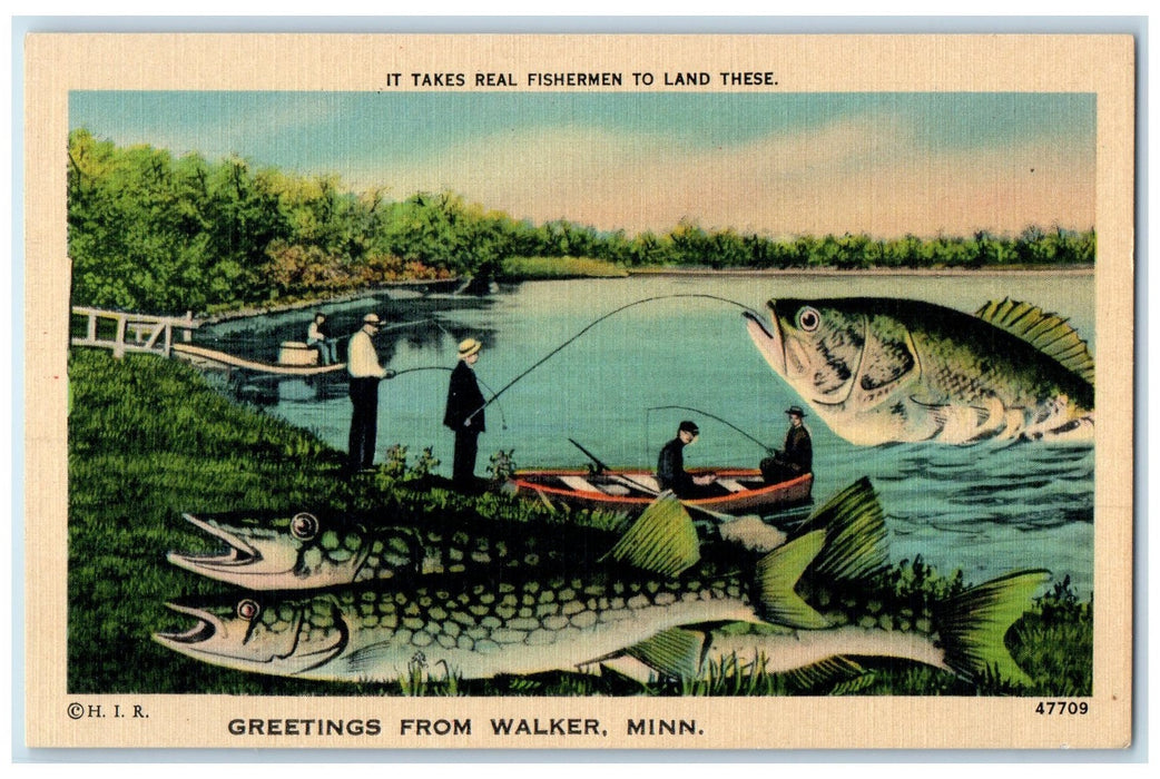 c1940's Greetings From Walker Minnesota MN Exaggerated Big Fish Scene Postcard