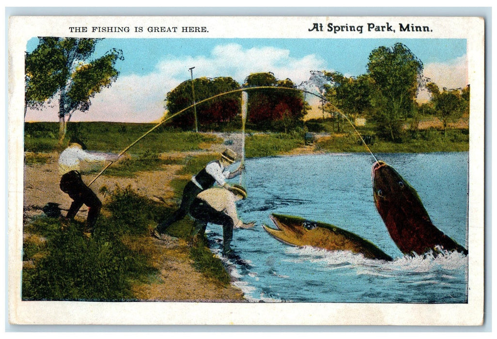 1909 The Fishing Is Great Here At Spring Park MN Exaggerated Fishing Postcard