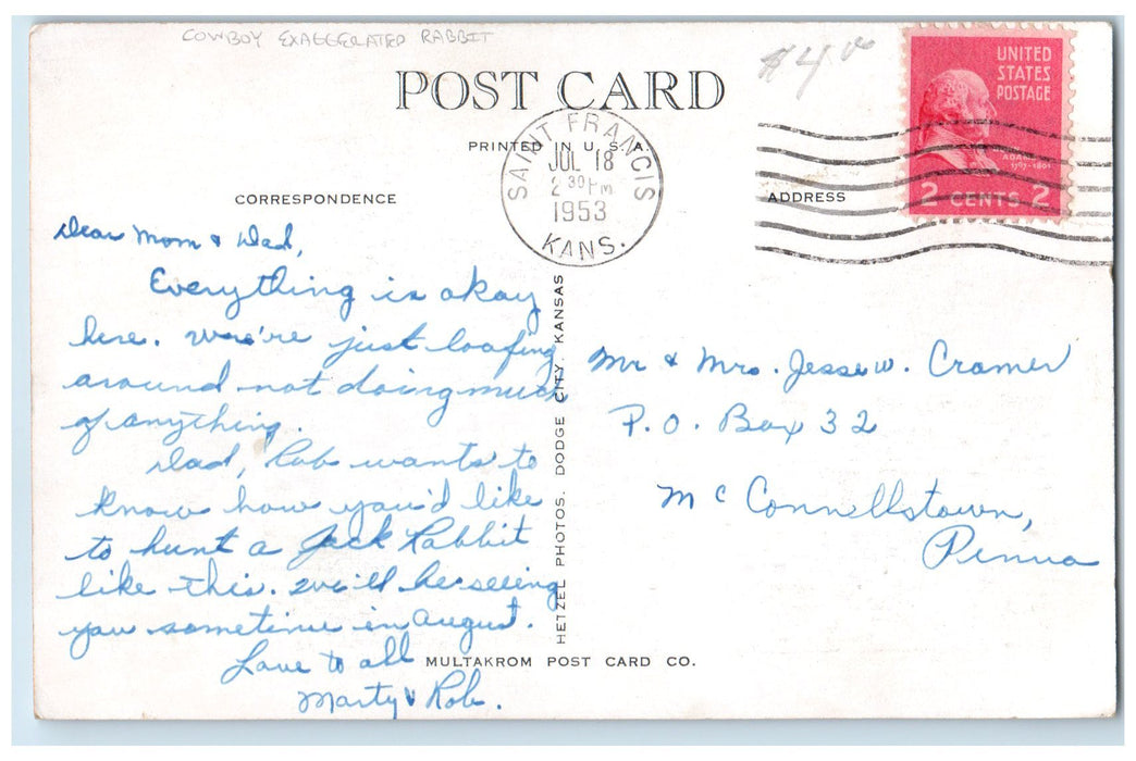 1953 Cowboy Exaggerated Rabbit Saint Francis Kansas KS Posted Vintage Postcard