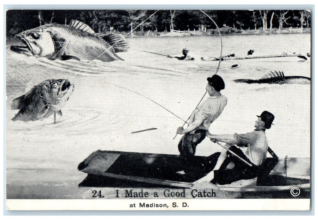 1913 I Made A Good Catch Scene Madison SD Posted Exaggerated Fishing Postcard