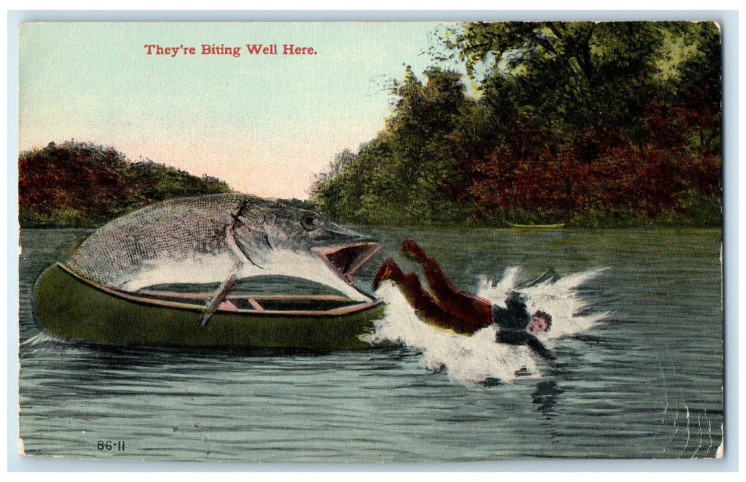 c1910's They're Biting Well Here Studley Kansas KS Exaggerated Fish Postcard