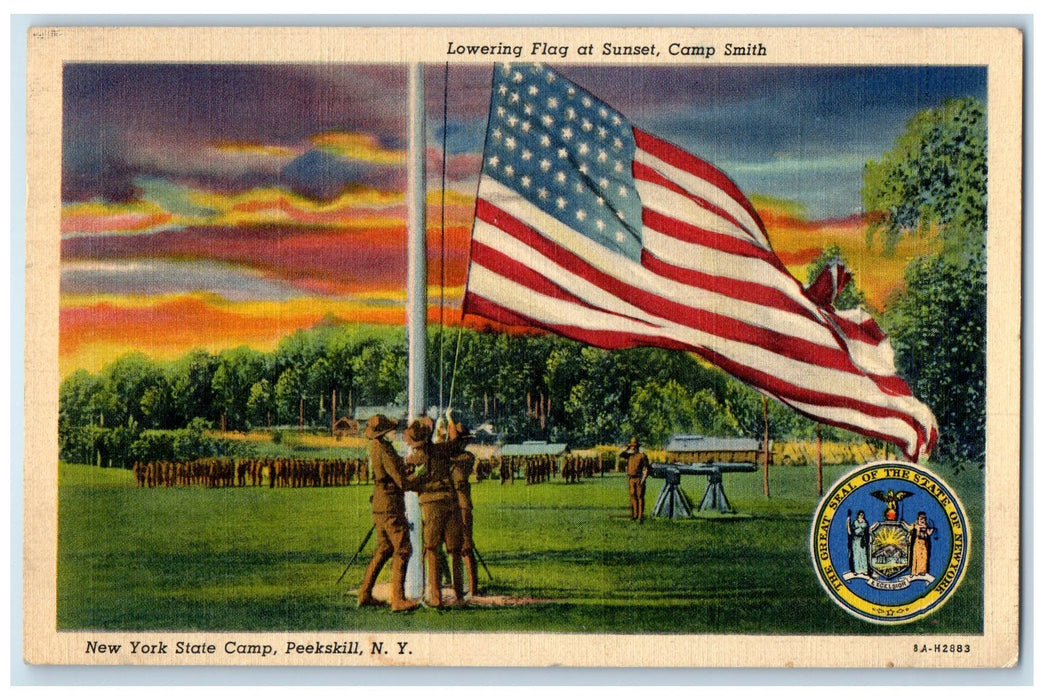 1942 Lowering The Flag New York State Camp Peekskill NY Exaggerated Postcard