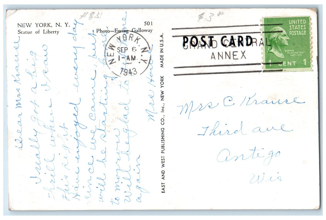 1943 Statue Of Liberty Scene On Bedloe's Island New York City NY Posted Postcard