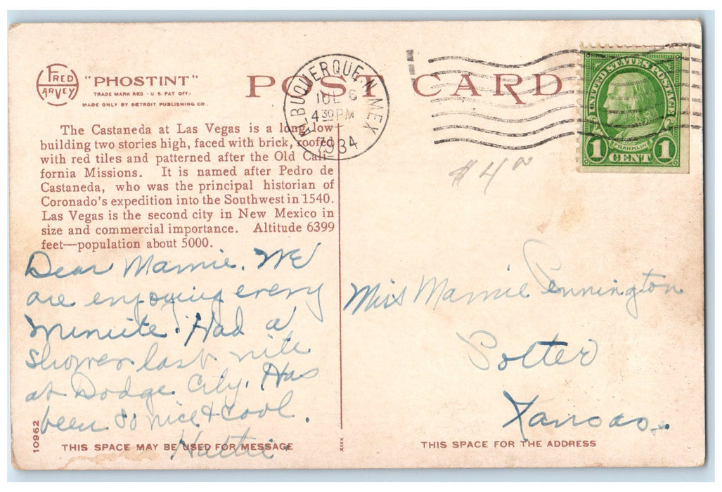 1934 Hotel Castaneda Exterior Roadside Scene Las Vegas New Hampshire NH Postcard