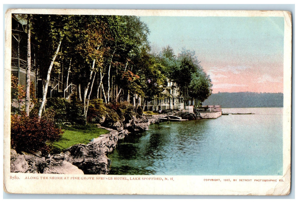 1908 Along The Shore At Pine Grove Springs Hotel Lake Spofford NH Boats Postcard