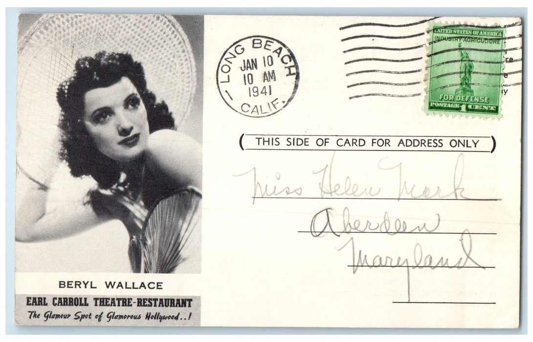 1941 Beryl Wallace Earl Carroll Theatre-Restaurant Long Beach CA Posted Postcard