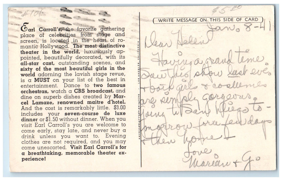 1941 Beryl Wallace Earl Carroll Theatre-Restaurant Long Beach CA Posted Postcard