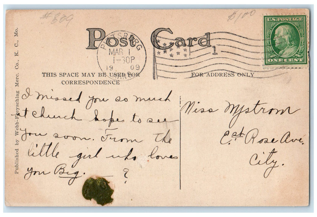 1909 Eugene Field Poem And Portrait Pittsburg Kansas KS Posted House Postcard