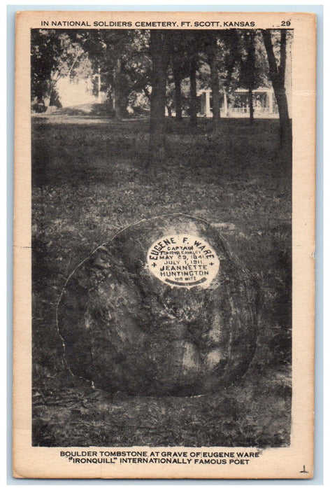 c1940s Boulder Tombstone View Grave Of Eugene Ware Fort Scott Kansas KS Postcard