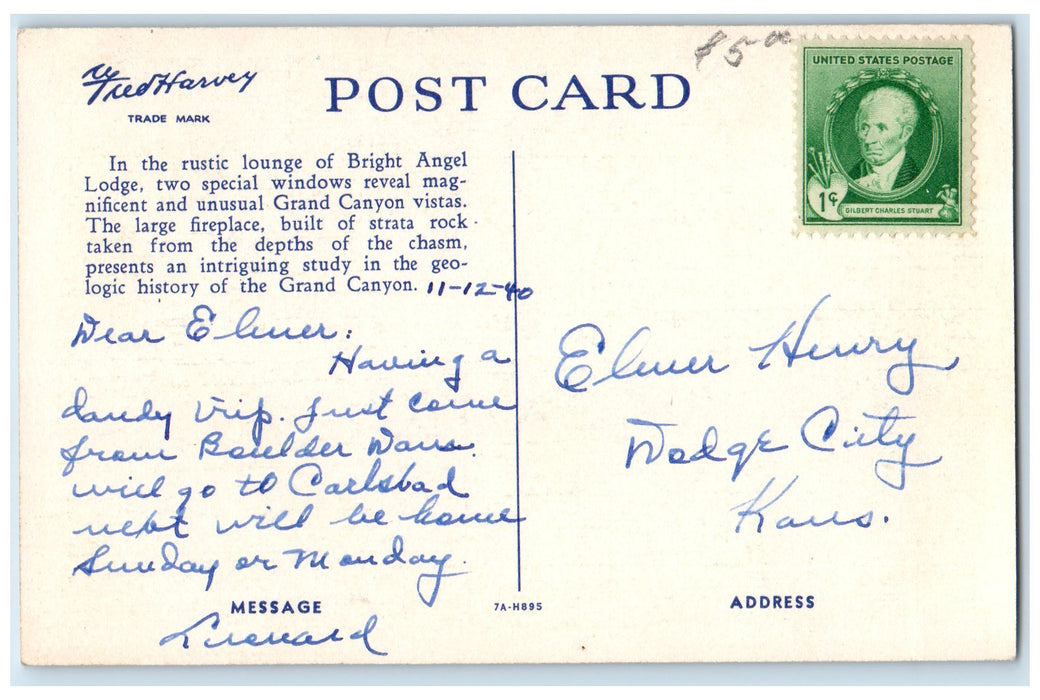 c1940s Corner In Lounge Bright Angel Lodge Scene Grand National Park AZ Postcard