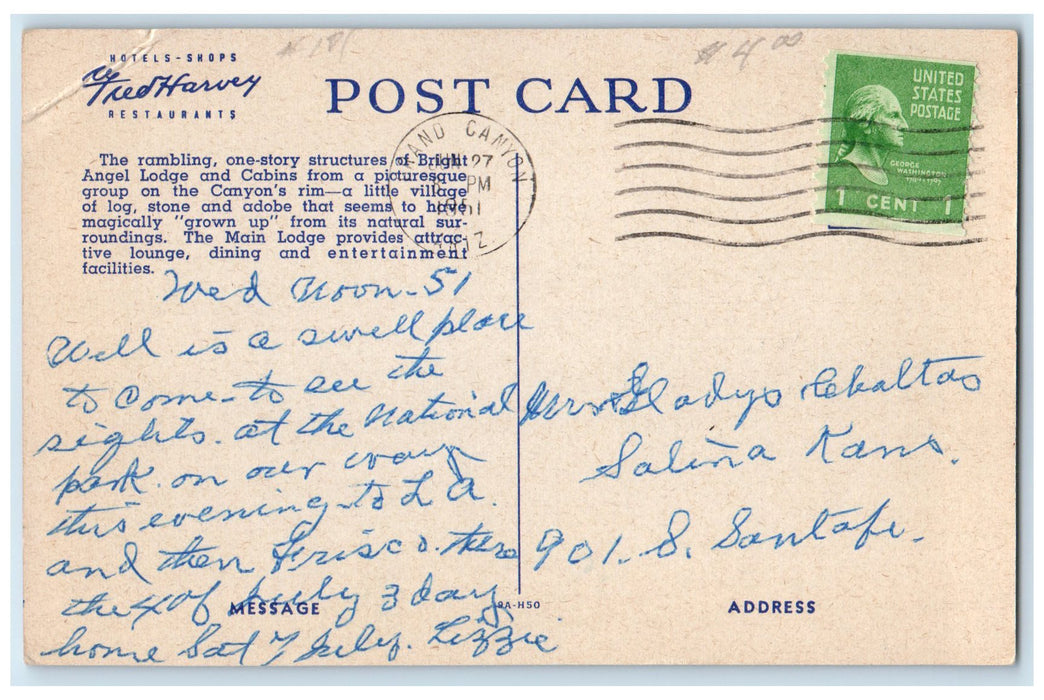 1951 Bright Angel Lodge Canyon's Rim Grand National Park Arizona AZ Postcard