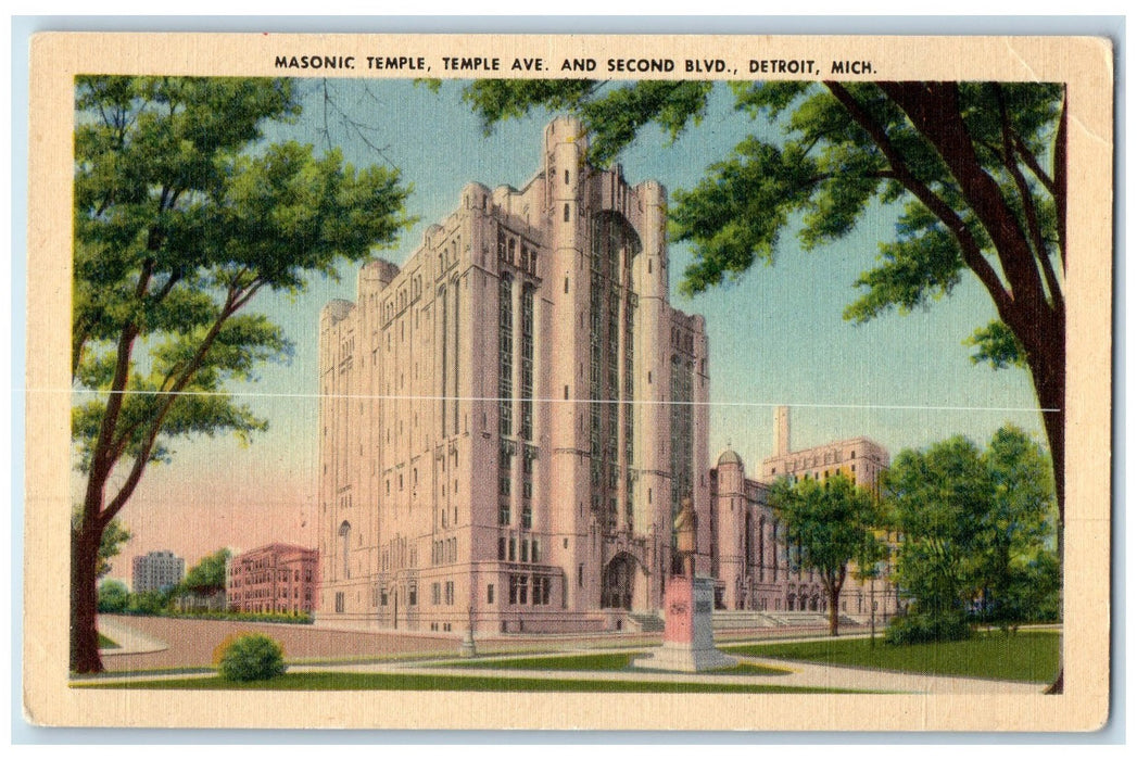 c1940s Masonic Temple Exterior Roadside Detroit Michigan MI Unposted Postcard