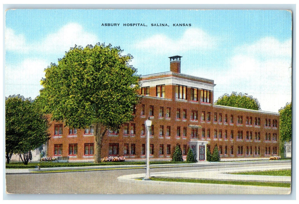 c1940's Asbury Hospital Building Smokestacks Roadside Salina Kansas KS Postcard