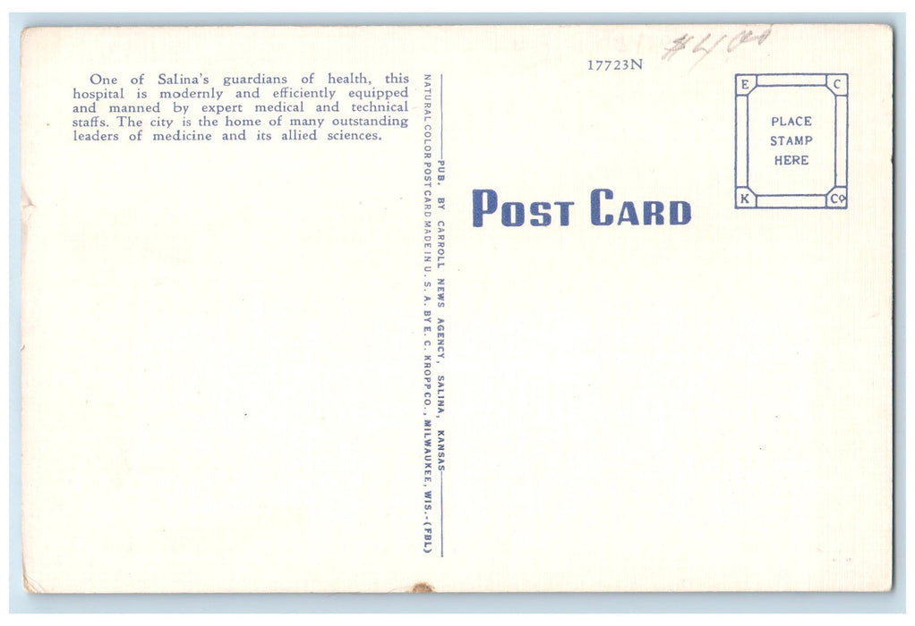 c1940's Asbury Hospital Building Smokestacks Roadside Salina Kansas KS Postcard