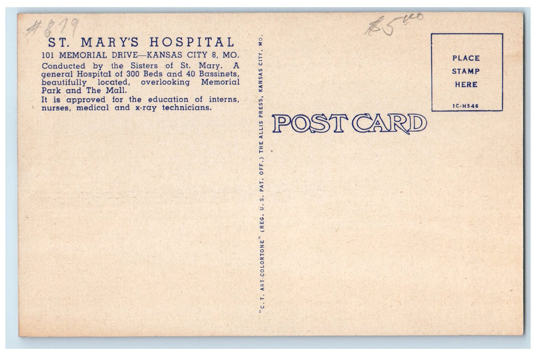 c1940's St. Mary's Hospital 101 Memorial Drive Kansas City Missouri MO Postcard